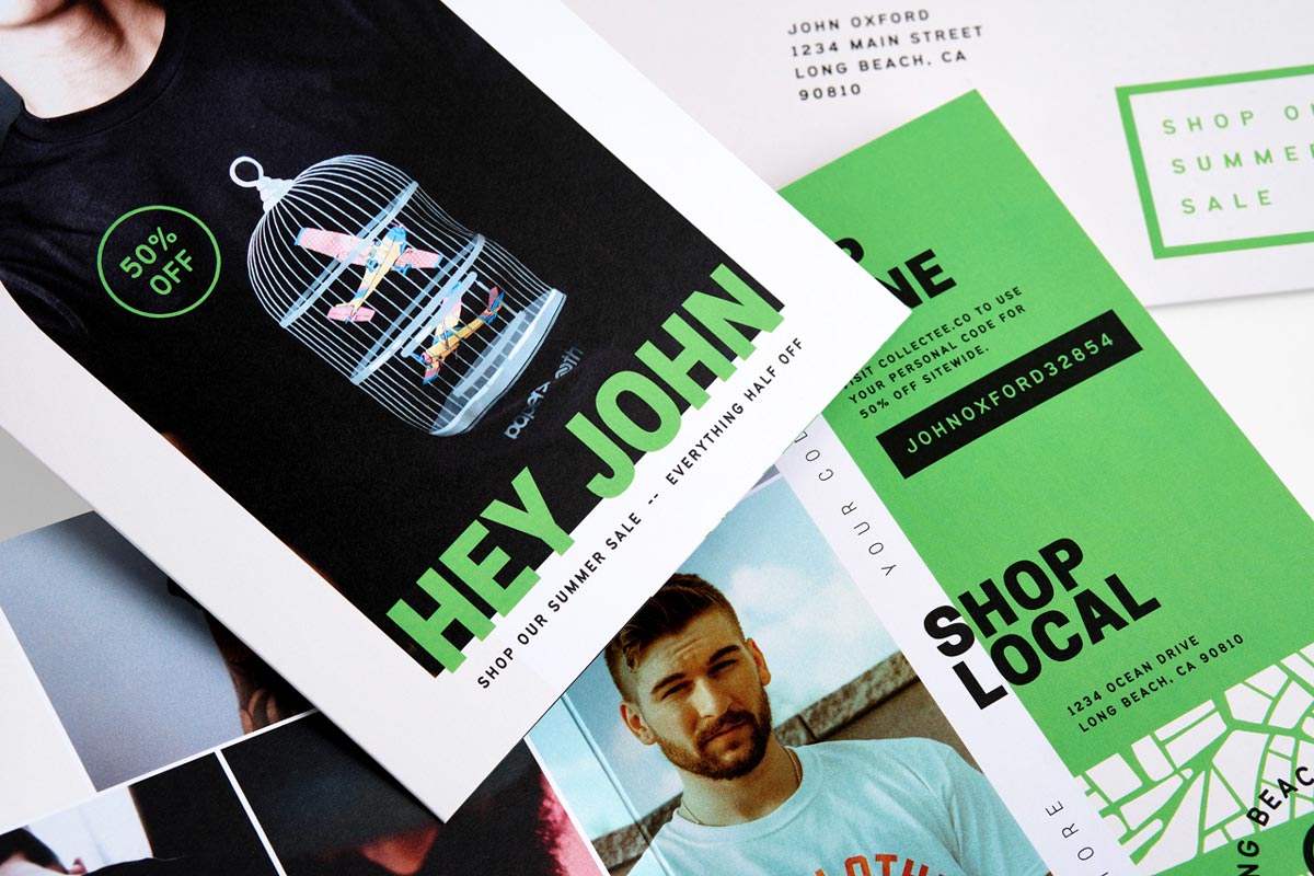 A collage of direct mail print pieces scattered on top of each other with variable data printing.