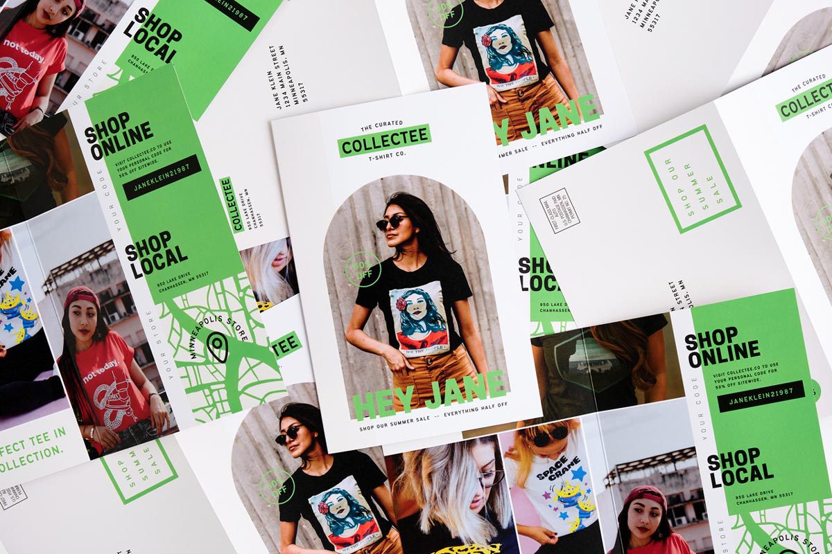 A collage of direct mail brochures printed with personalized marketing information.
