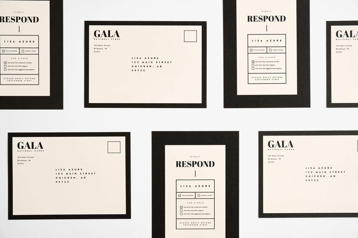 Seven custom invitations for a gala printed with variable data personalized for each recipient.